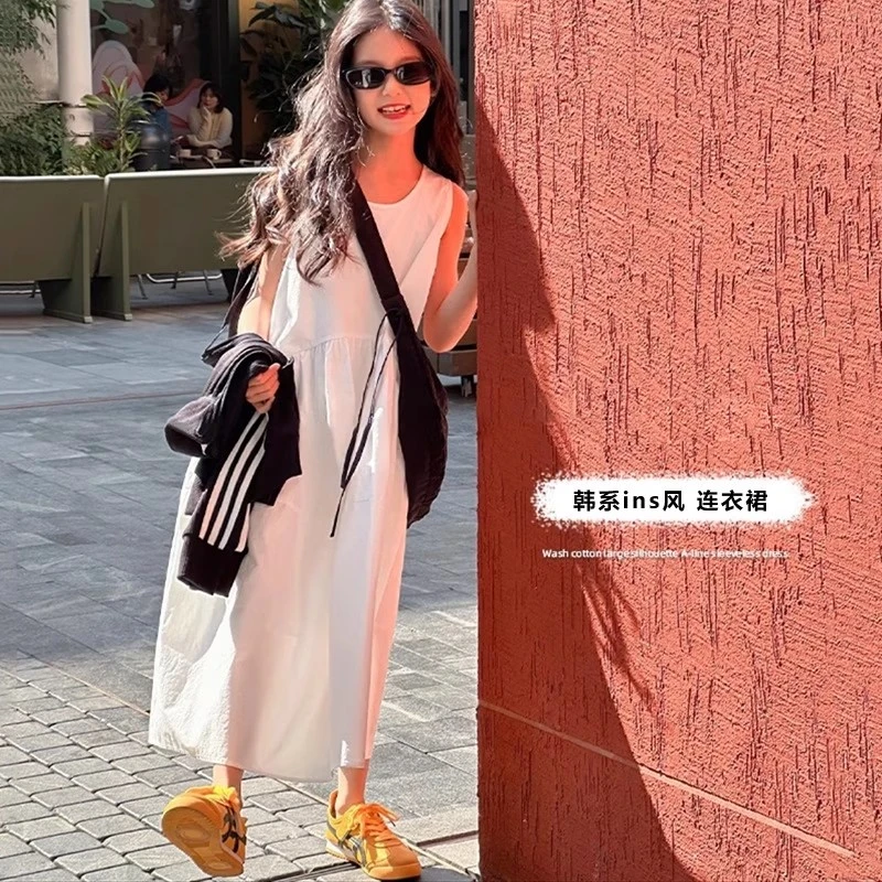 女童白色连衣裙韩系高级感2025夏季新款儿童背心裙子夏天网红炸街