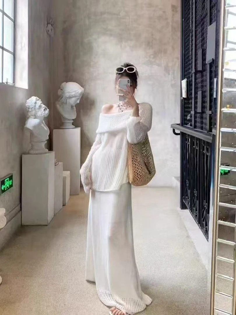 早秋镂空一字肩休闲风法式时尚套装针织毛衣温婉风气质上衣半身裙