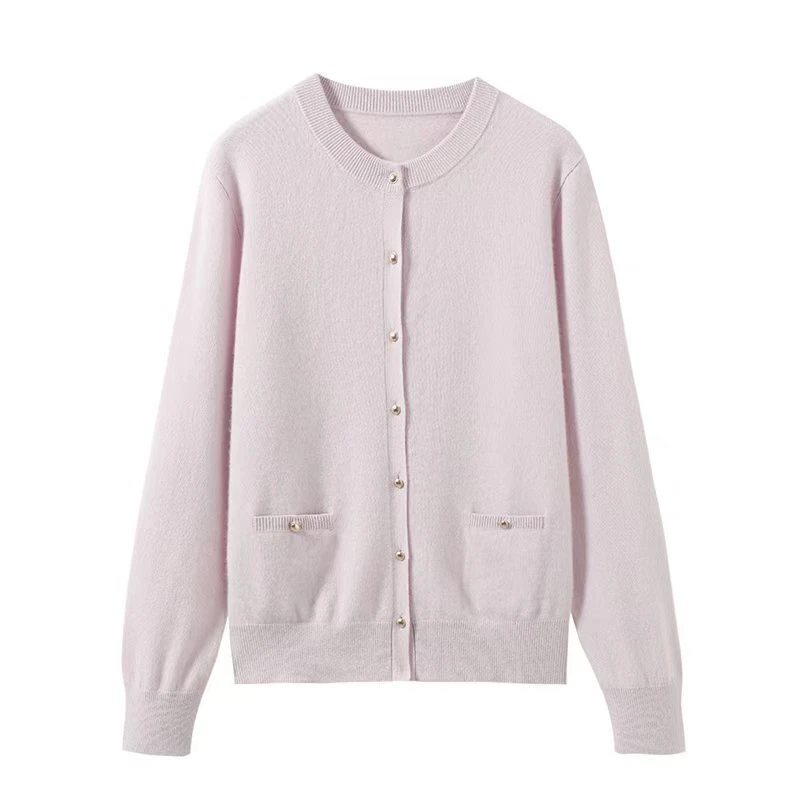100纯山羊绒简约带兜圆领开衫