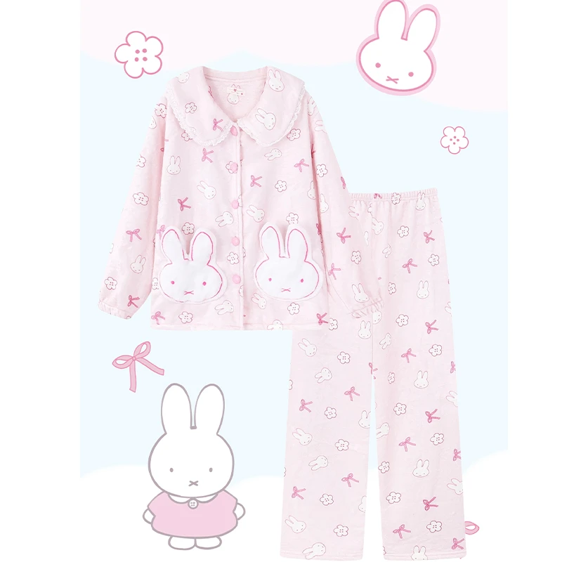 miffy米菲兔法兰绒加绒加厚冬季娃娃领睡衣女可爱卡通少女风粉色