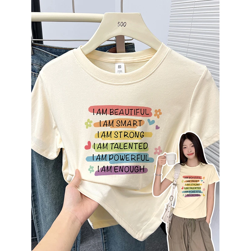 字母彩色气质高弹力棉短袖t恤女装正肩显瘦圆领外穿夏季修身上衣