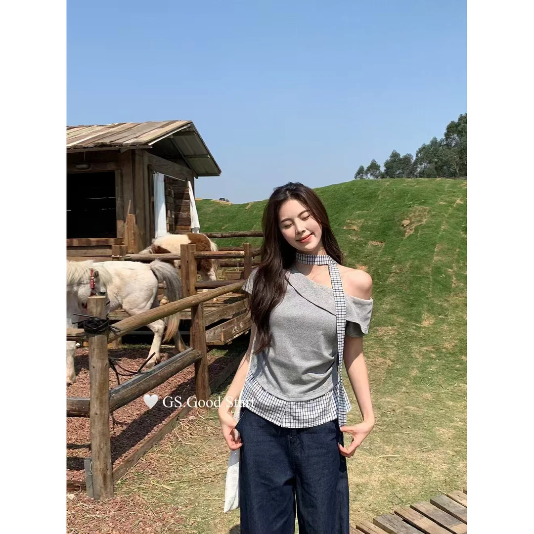 【小屁】大码不规则短袖t恤2025夏季飘带+露肩遮肉显瘦上衣两件套