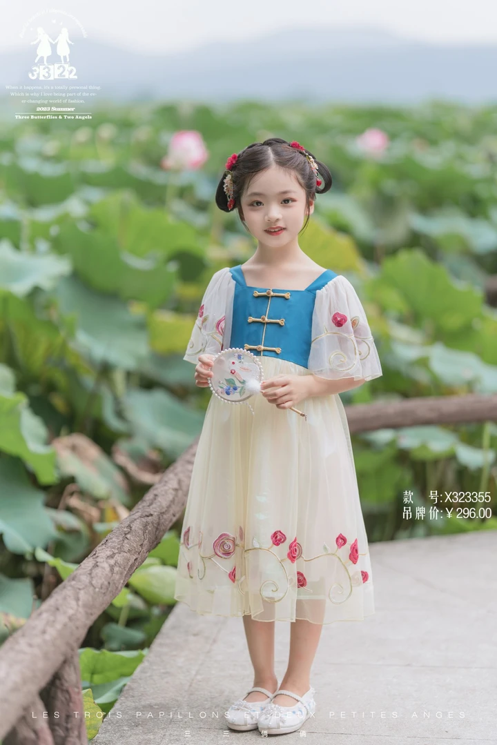 3355公主风女中国风短袖卡通风连衣裙唐装童装古装刺绣
