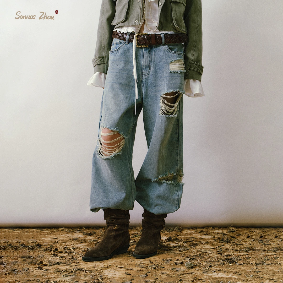 sennoszhou 木流流水破坏廓形牛仔裤 Y516009