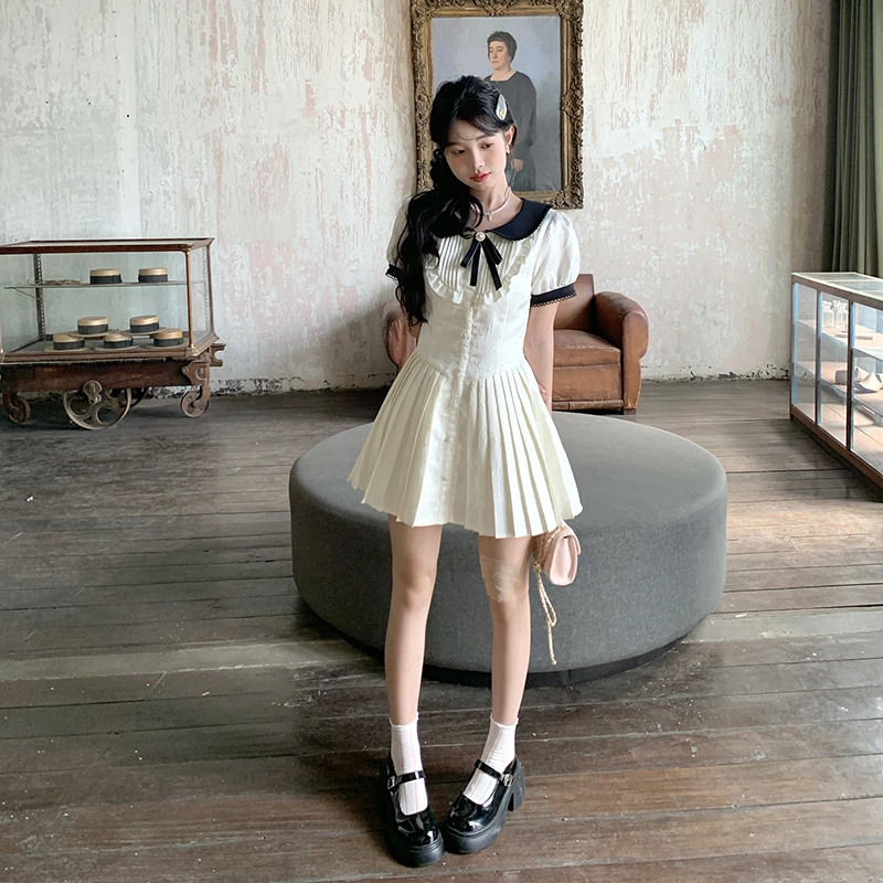 东京岁时记jk白色蕾丝初恋连衣裙气质纯欲娃娃领蓬蓬短裙子女夏