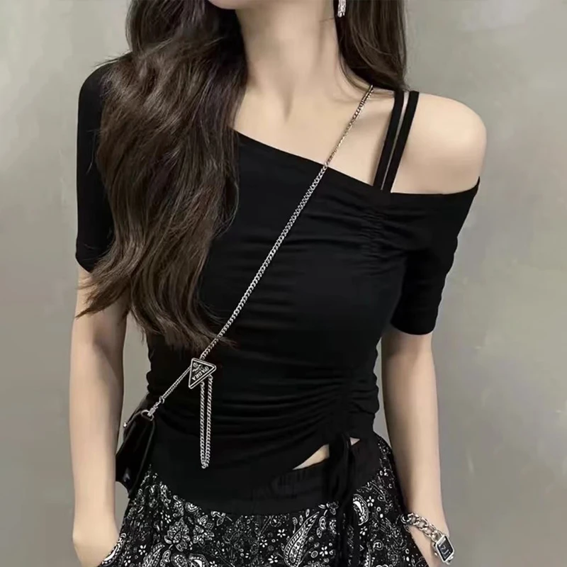 露肩抽绳短袖T恤女夏季2024新款别致辣妹锁骨一字肩上衣纯欲短款