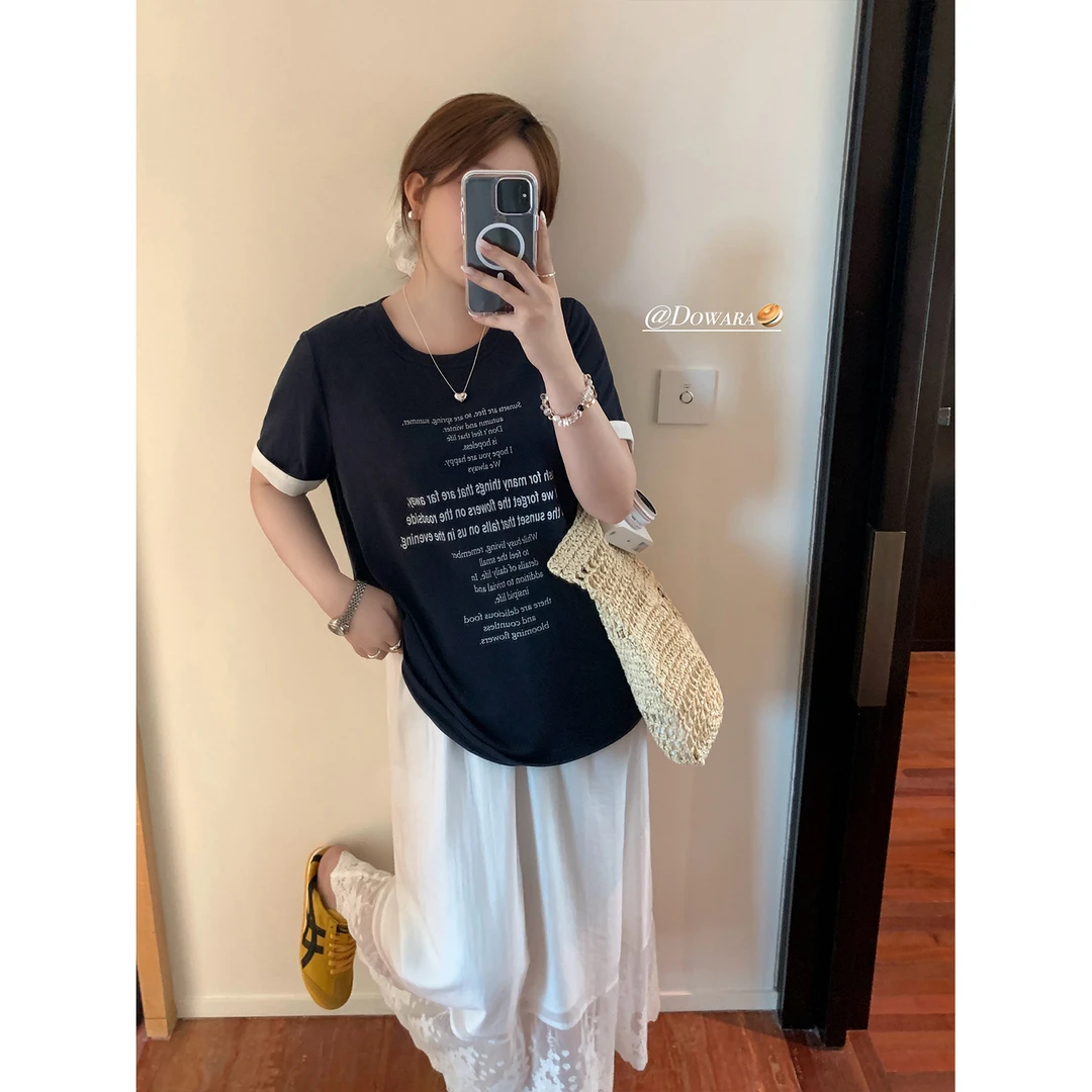 现货大婉酱微胖定制【泰戈尔诗歌】字母印花短袖T恤女宽松上衣9125D