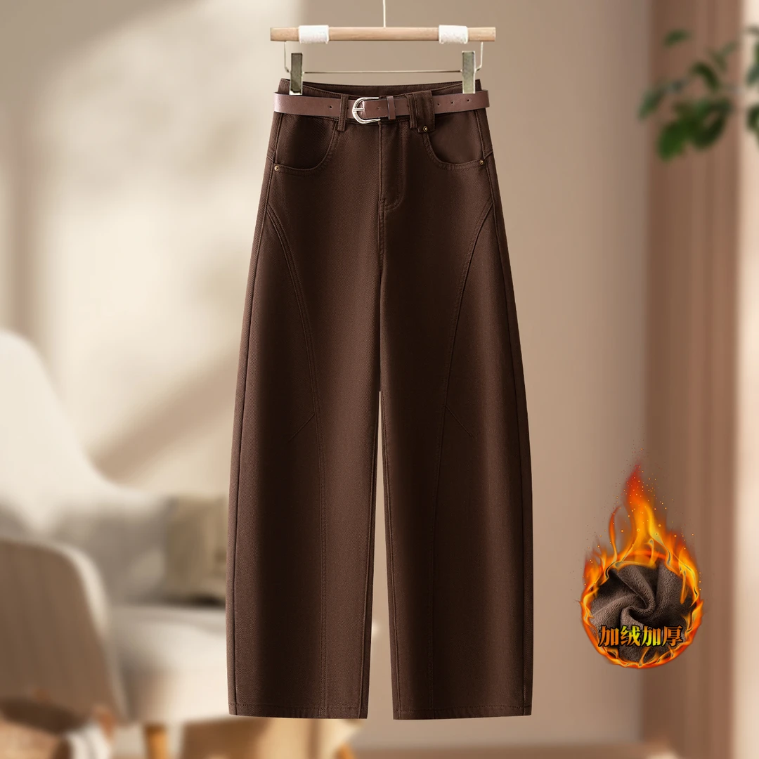 设计感阔腿牛仔裤女2025秋冬新款加绒加厚高腰显瘦保暖休闲弯刀裤