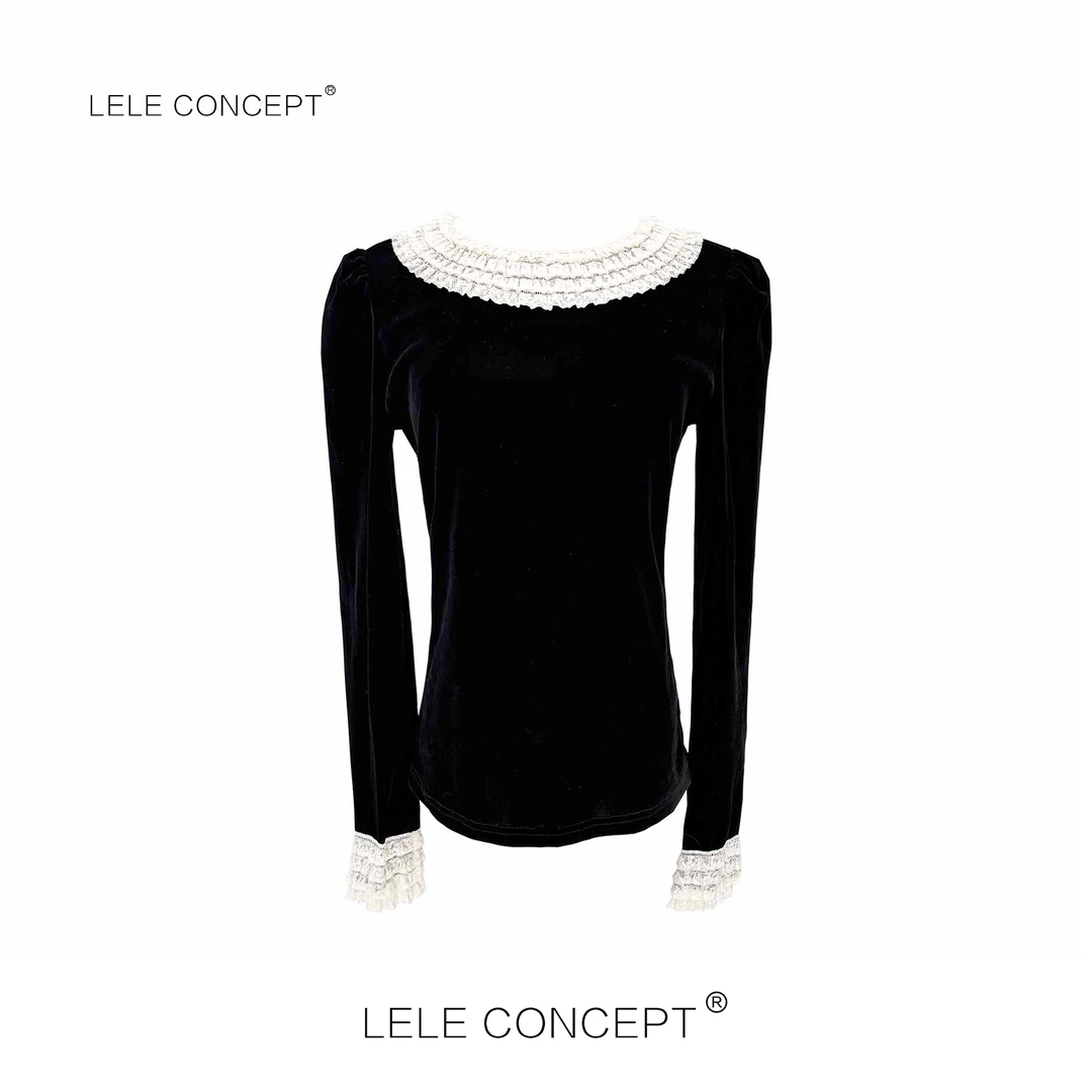 LELE CONCEPT丨法式轻奢款波浪蕾丝丝绒上衣S0841