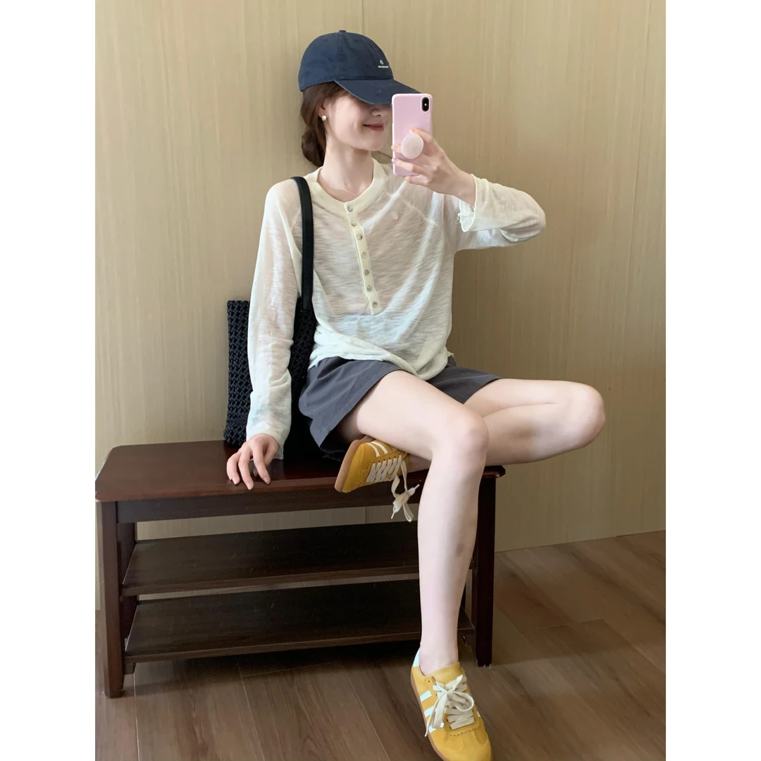 2025年高级感小众杏色t恤针织衫女夏天薄款长袖上衣灰色裤子套装