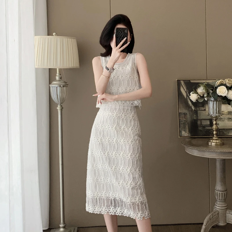 2025夏季新中式半身裙套装千金清冷感无袖背心蕾丝提花裙子两件套