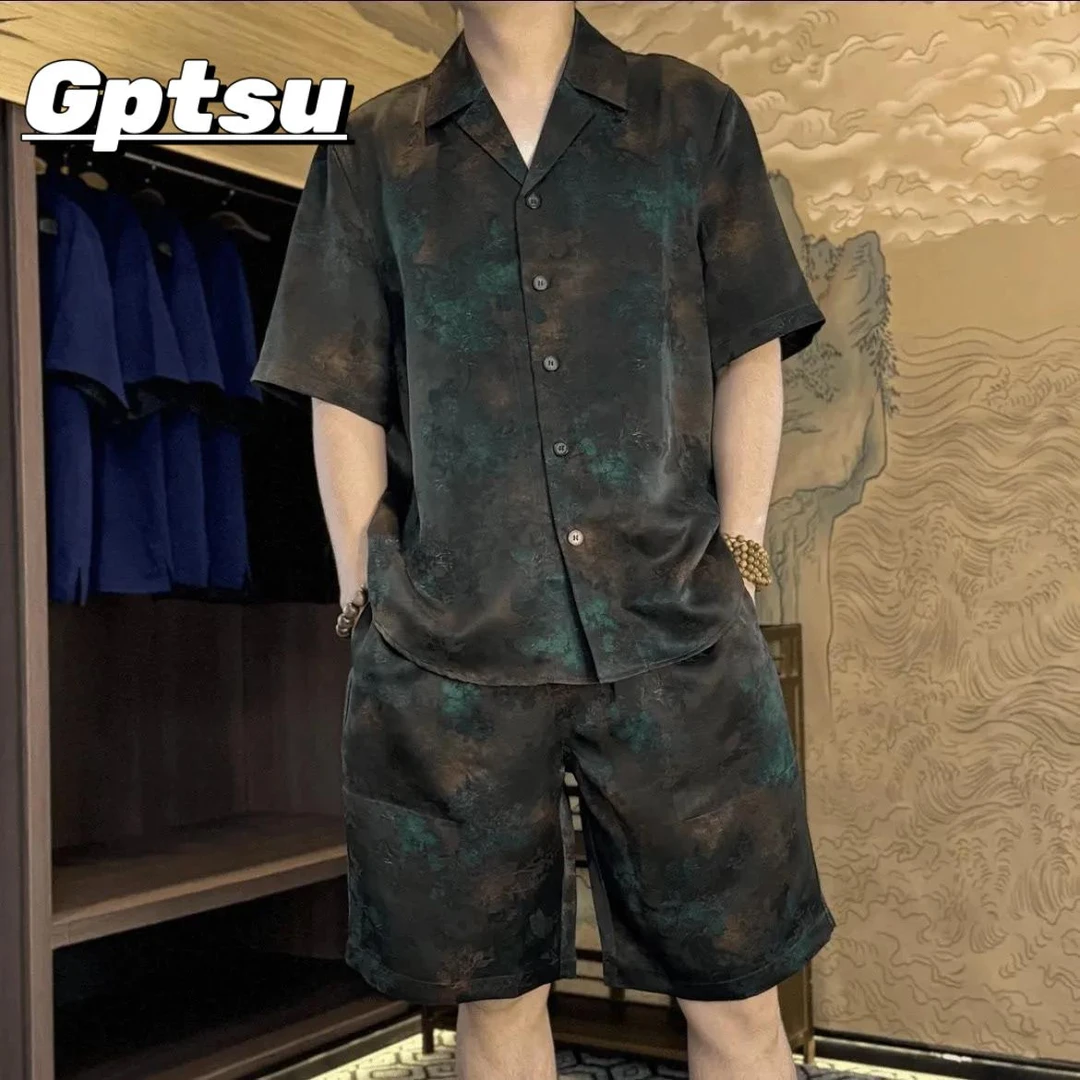 GPTSu夏季薄款国风时尚潮流男士衬衫短袖短裤子翻领透气两件套装