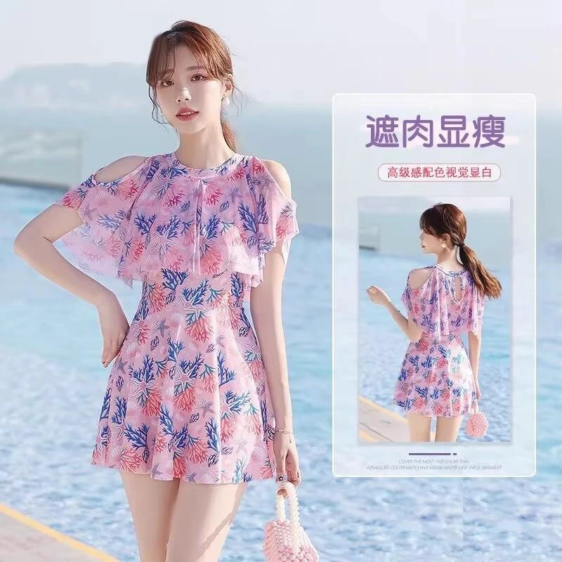 泳衣女泡温泉2025新款带胸垫遮肚显瘦连身裙式海边度假保守游泳装