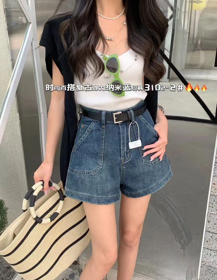 高弹力微弹力休闲风高腰纯色短裤外穿时尚弹力牛仔
