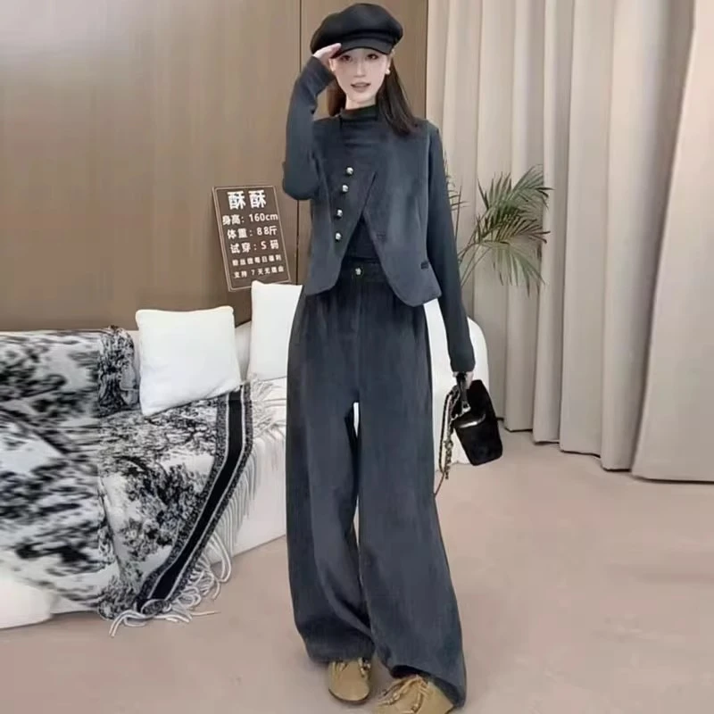 时尚套装女2025秋季新款时髦洋气半高领打底衫马甲阔腿裤三件套潮