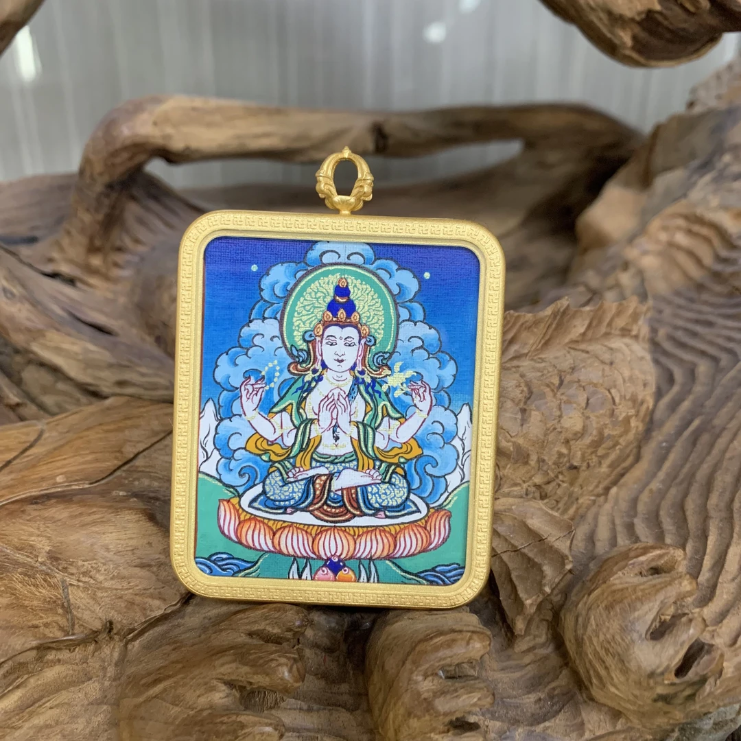 唐卡吊坠手绘唐卡纯手工纯手绘真品挂绳文玩配饰藏传文玩四臂观音