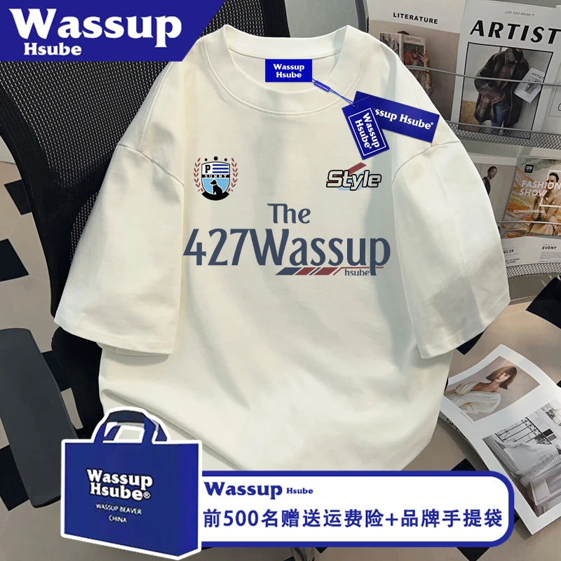 WASSUP HSUBE赛车风印花短袖夏季ins男女款纯棉半袖白色简约款T恤