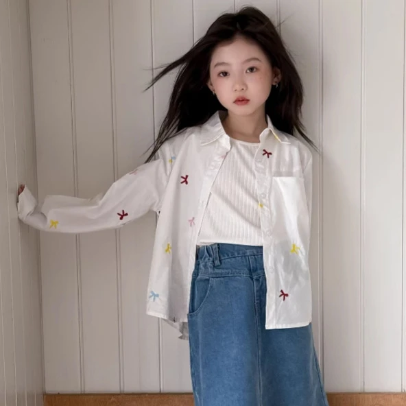 女童长袖衬衫2025春季新款童装儿童卡通蝴蝶结刺绣上衣中大童衬衣