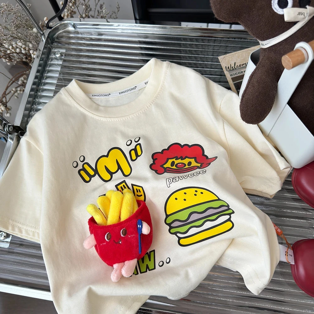 2025新款夏装儿童女时尚印花玩偶短袖卡通棉质3D立体薯条汉堡t恤