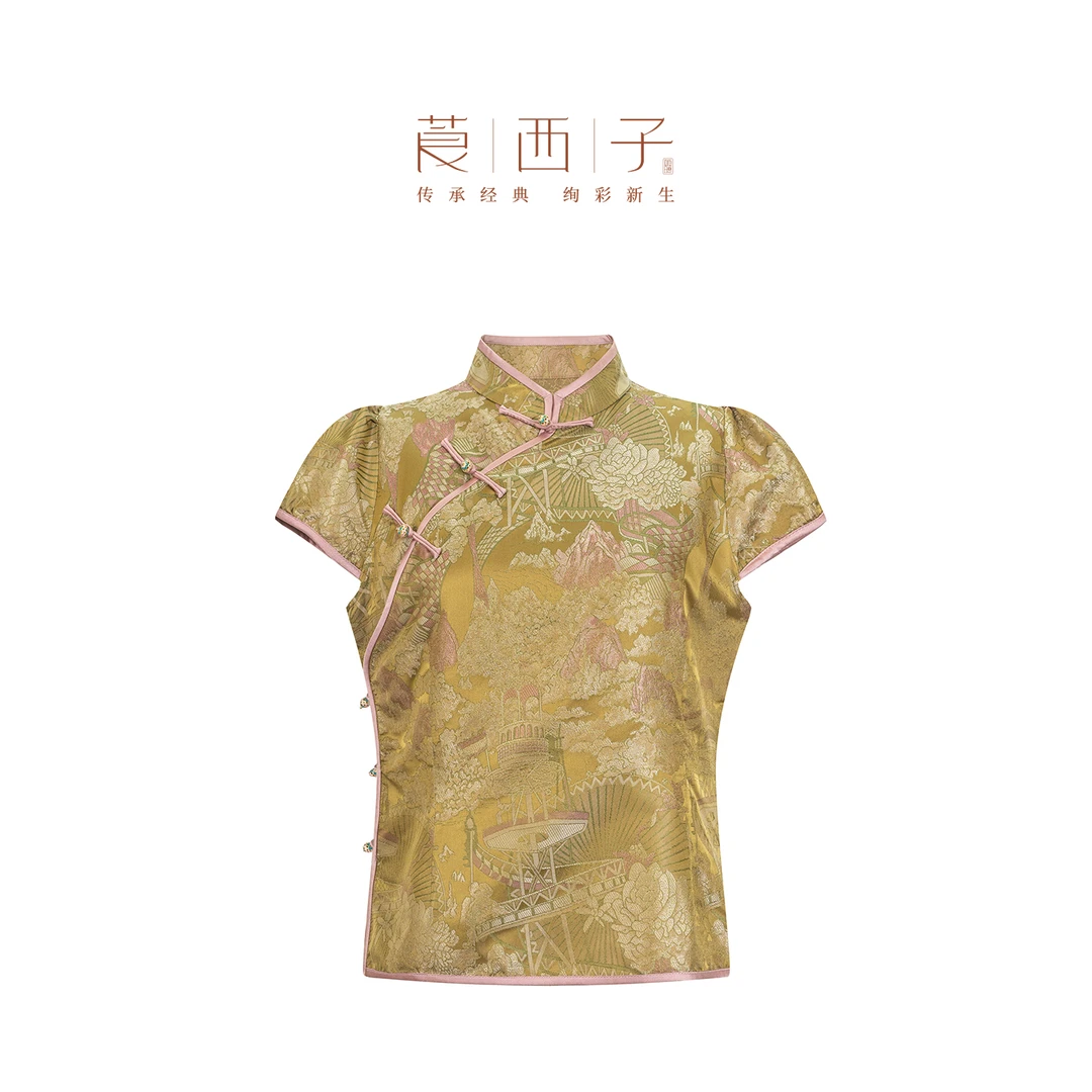 莨西子【溪然】国风立领飞袖百搭老钱风斜襟桑蚕丝透气亲肤休闲上衣