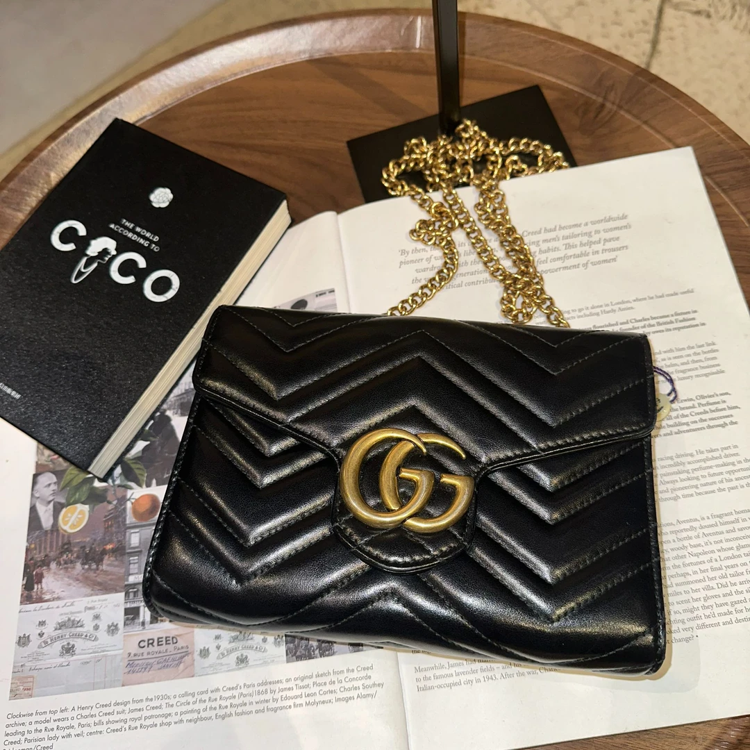 95新 GUCCI/古驰 Marmont手袋双G扣黑色牛皮小号 98新 22938112