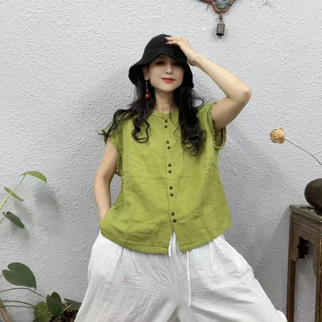110010木耳领双层纱纯色砍袖马甲上衣（长60胸围120