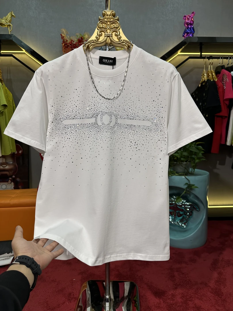 网红同款春夏男款新款烫钻T恤轻奢设计师宽松潮流圆领男士77938