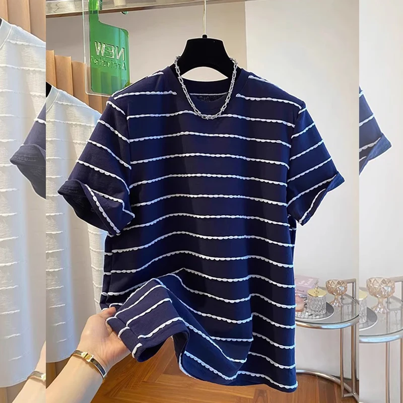 韩系条纹大码宽松减龄短袖T恤上衣女装夏季新款复古温婉大方衣服