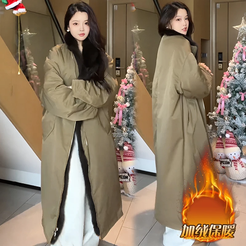 韩系慵懒风加绒毛毛长袖开衫女秋冬季宽松休闲中长款两面穿上衣潮