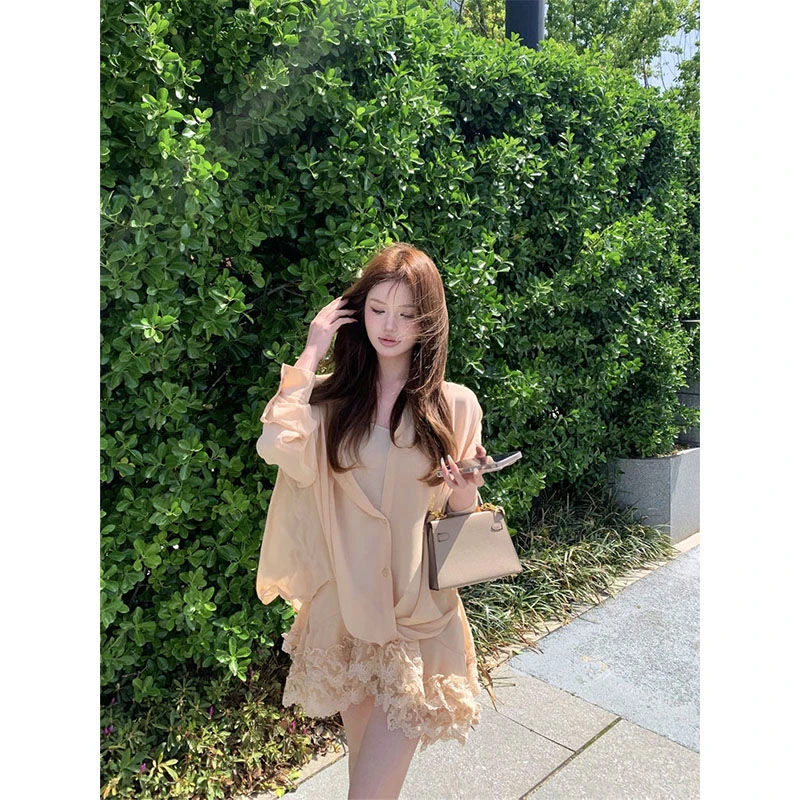 温柔风套装气质宽松长袖衬衫女夏季新款蕾丝半身裙纯欲显瘦两件套