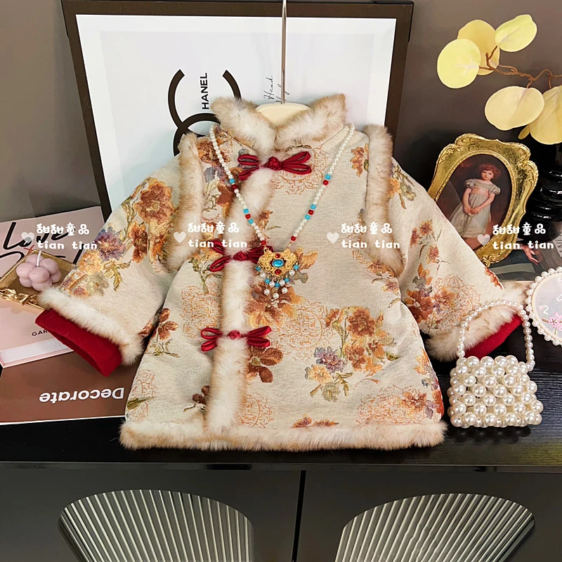 【甜甜baby】潮童女宝宝秋冬国风过年加绒长袖裙国泰民安格格服裙子