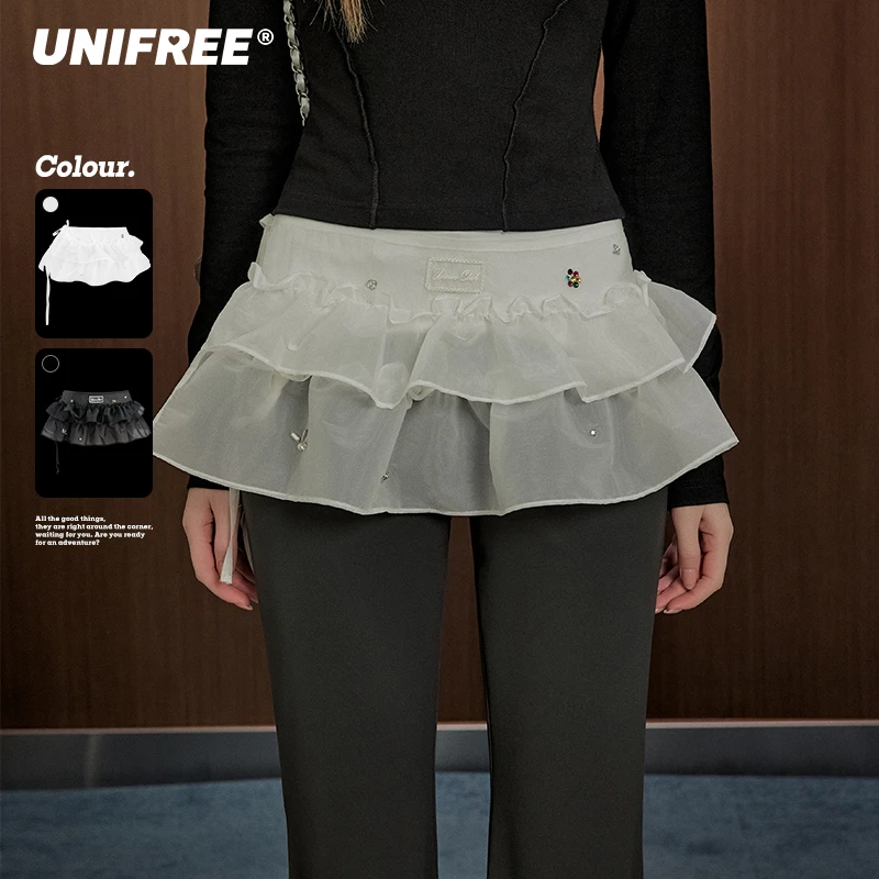 unifree【25年春】欧根纱烫钻短裙屁帘双层设计感时尚百搭裙边女