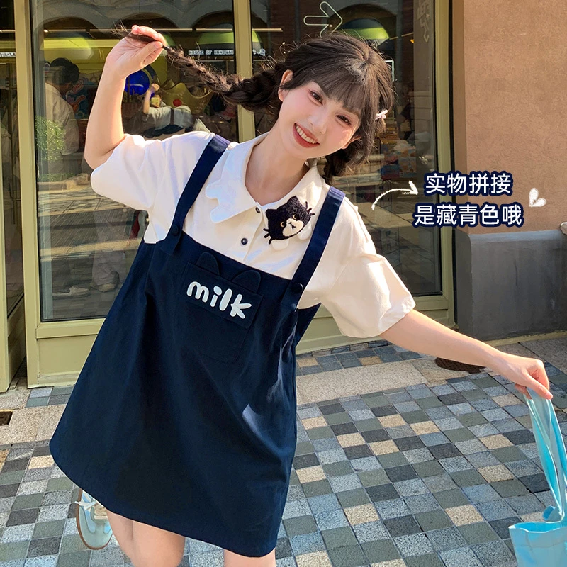 森女部落原创学院风可爱猫咪宽松夏季新款假两件设计短袖连衣裙女