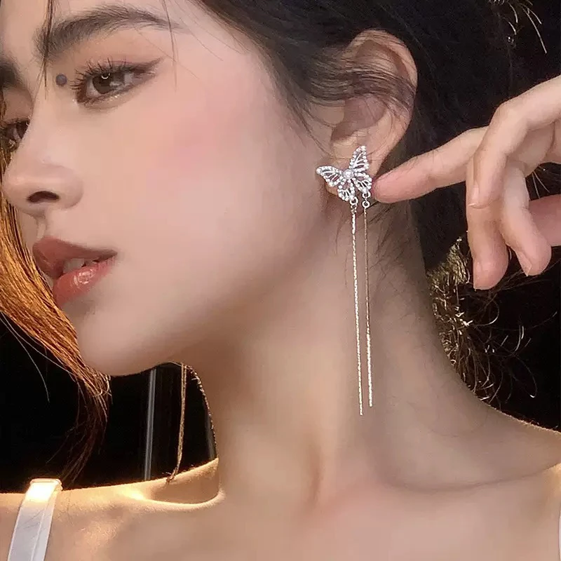 铜合金锆石耳饰 ［姜楠专属］女式简约气质蝴蝶流苏耳钉