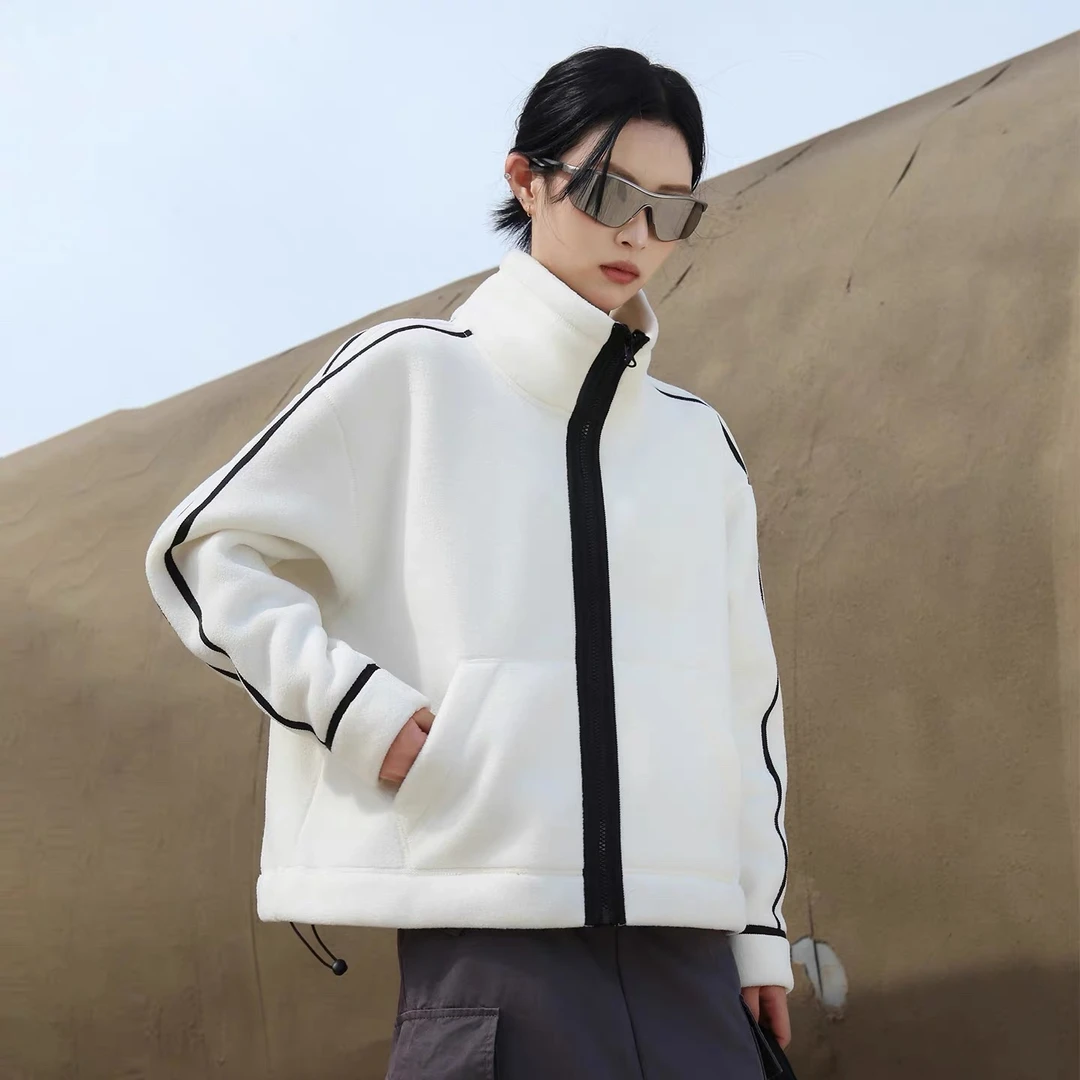 DR130时尚撞色抓绒外套立领运动户外加厚摇粒绒防风休闲拉链长袖