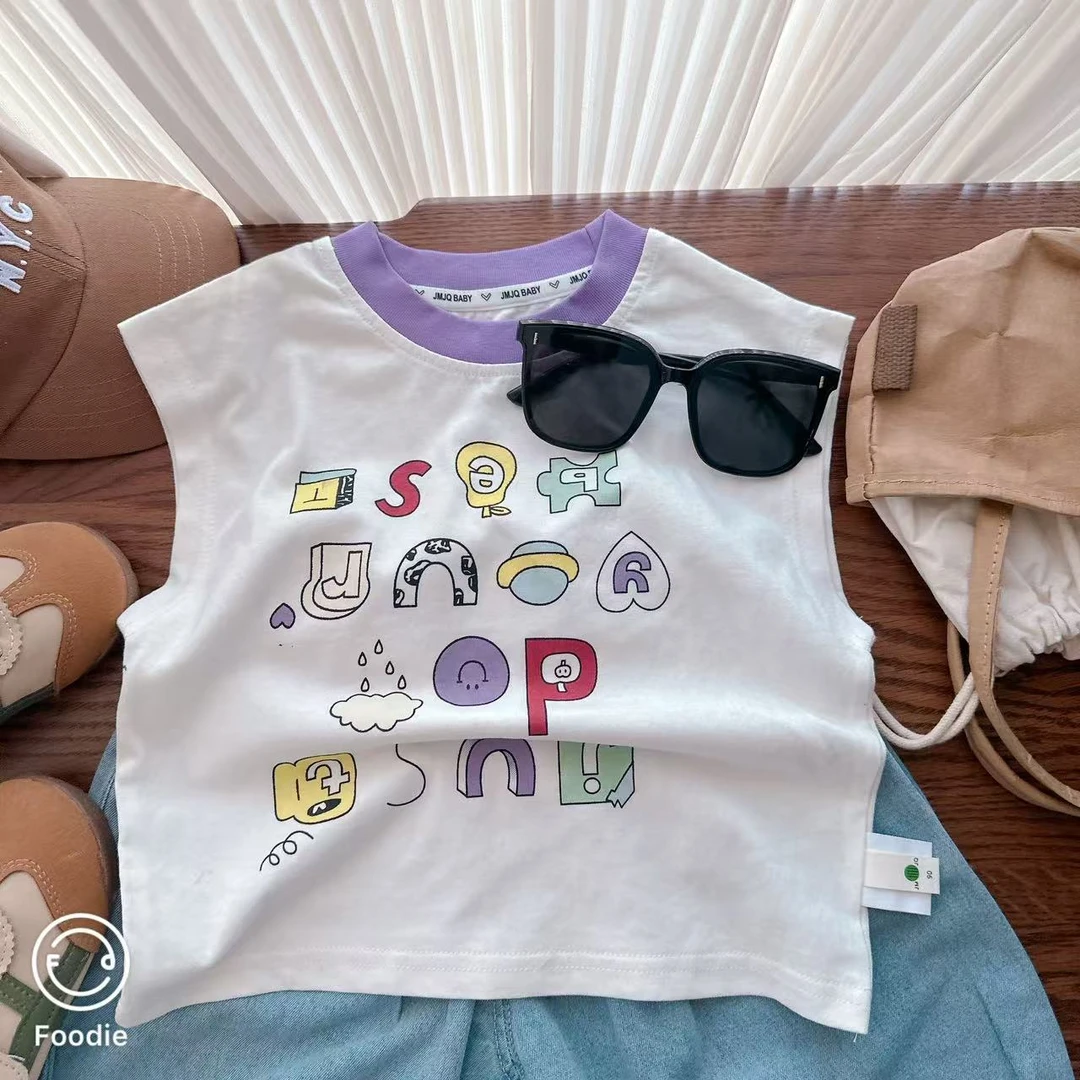 【JMJQ 25172】夏季新款中小童韩版亲肤撞色圆领字母印花背心