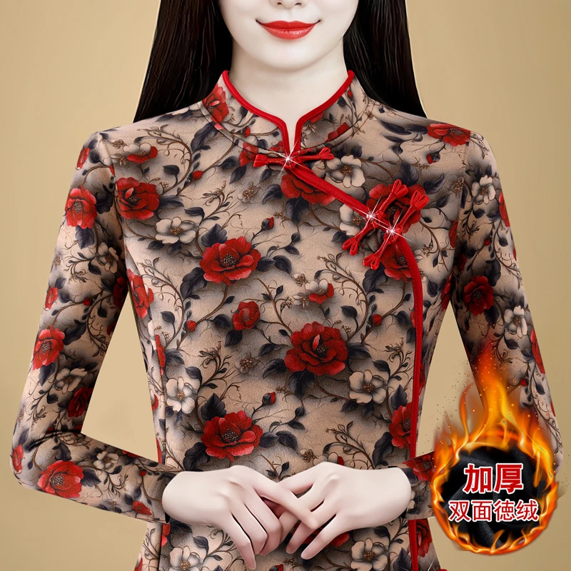时尚洋气女装加绒宽松冬季印花长袖T恤女士半高领加厚弹力打底衫