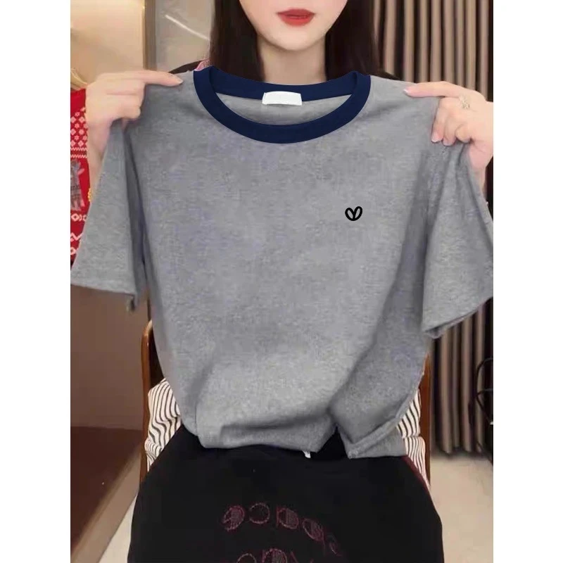 2025新款正肩插色圆领短袖t恤女ins时尚百搭减龄不撞款上衣夏季