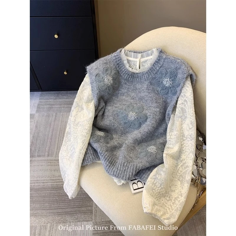 一套穿搭女灰色钉珠花朵钩花马甲叠穿蕾丝打底衫韩系气质背心上衣