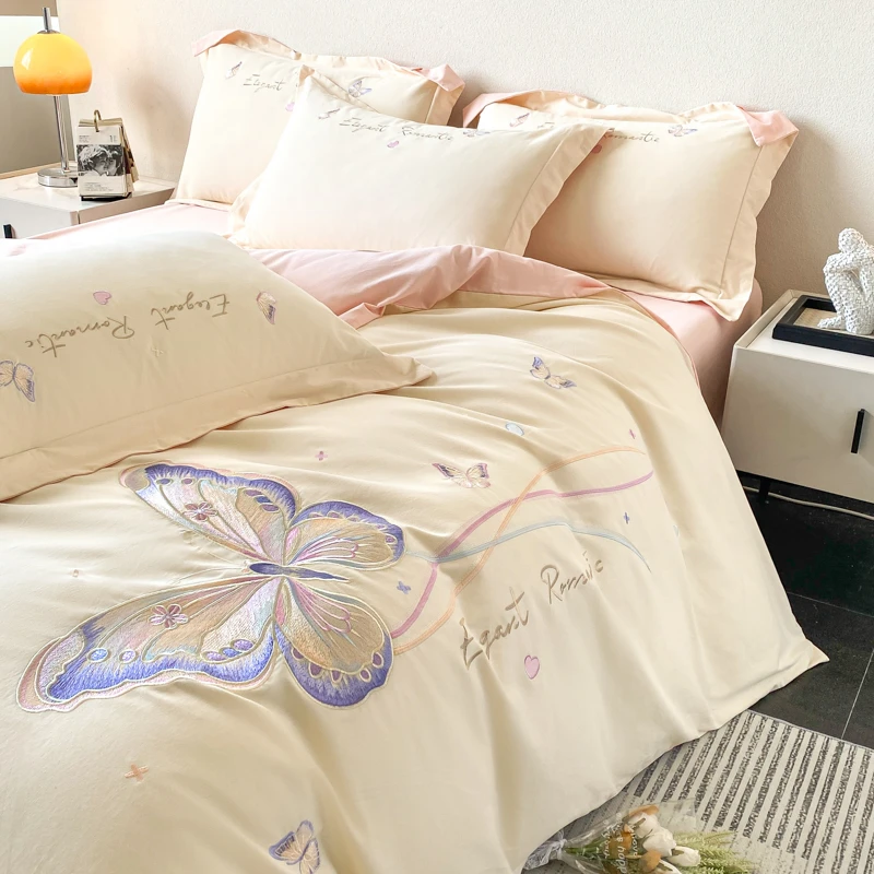 轻奢风秋冬季纯棉长绒棉磨毛四件套全棉蝴蝶刺绣保暖加厚床单被套