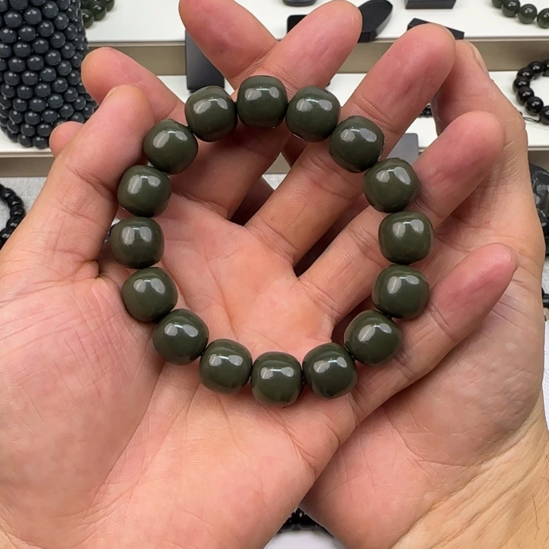 和田玉（墨玉）未镶嵌挂件沙枣清老型14手串