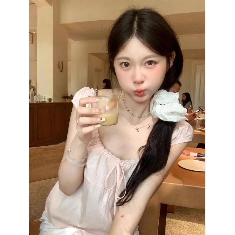 甜美粉色少女风蕾丝花边衬衫女夏季2025新款韩系减龄百搭显瘦上衣