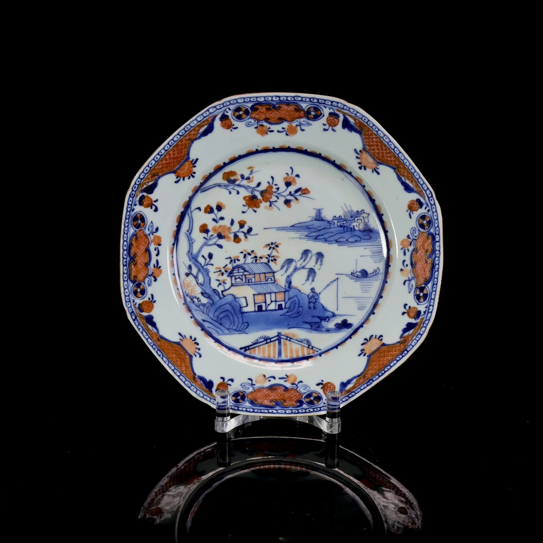 15:清早期青花矾红描金山水人物故事盘