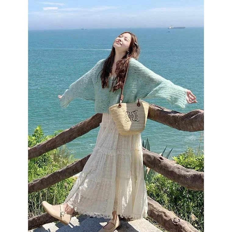 薄荷曼波绿色马海毛镂空针织开衫女春夏宽松外搭毛衣披肩罩衫外套