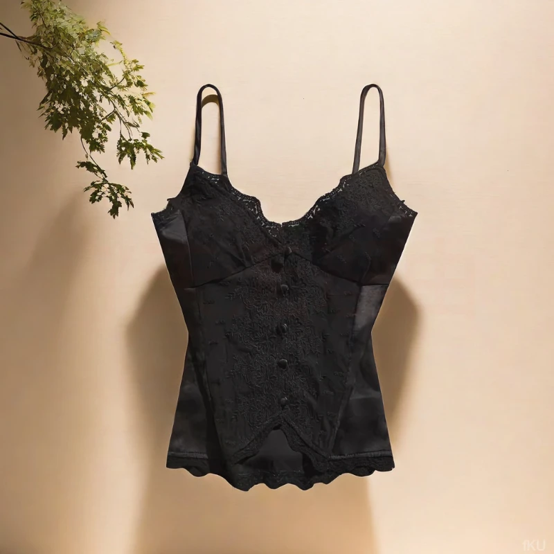 女修身美体国风外穿蕾丝小吊带背心女打底别致新中式美背黑色纯欲