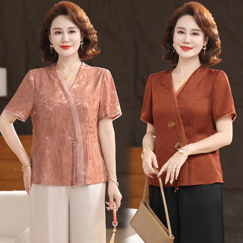 洋气妈妈新中式短袖小衫套装夏季新款中年女装气质上衣裤子两件套