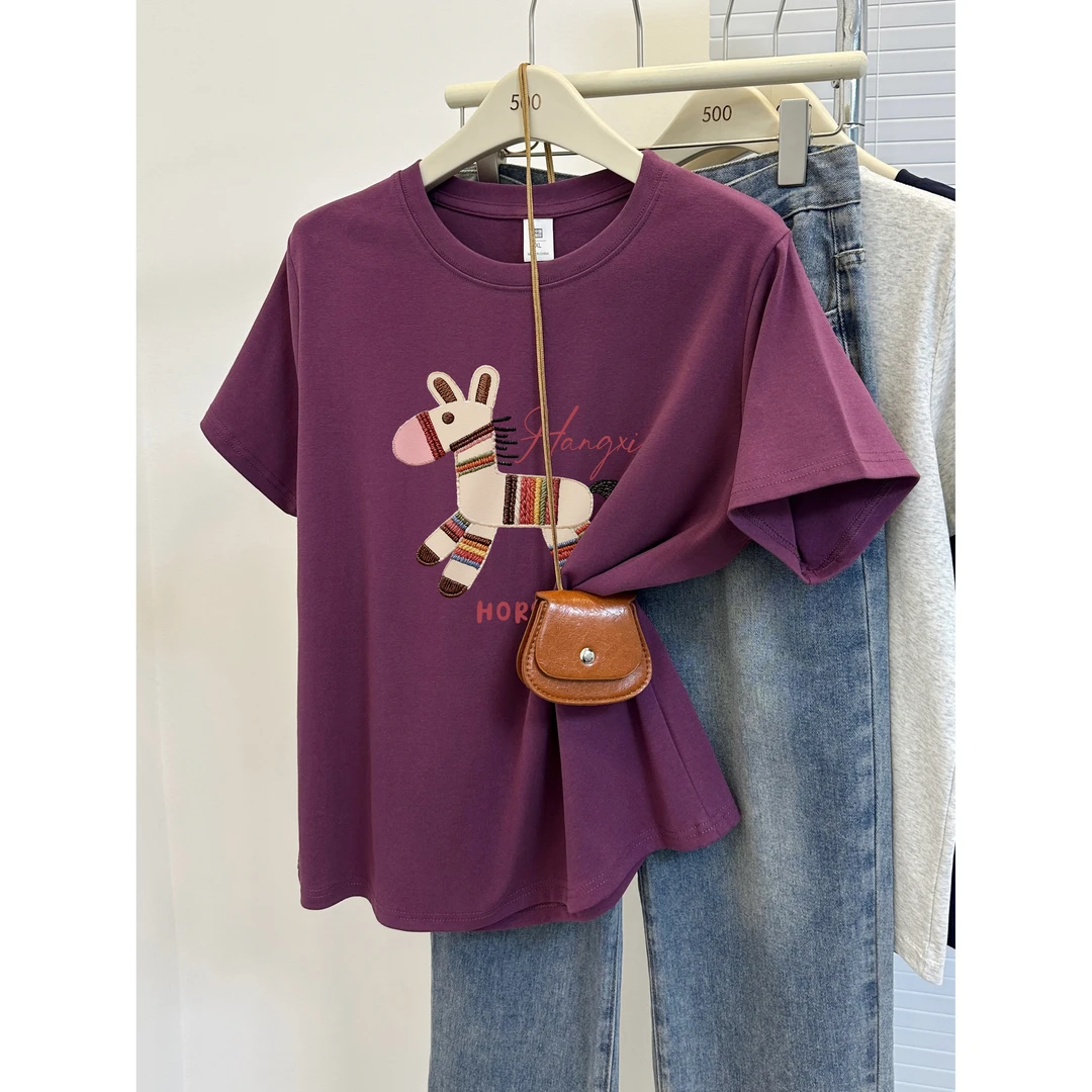 大码胖mm正肩短袖t恤女2025夏季新款洋气圆领遮肚子显瘦半袖上衣