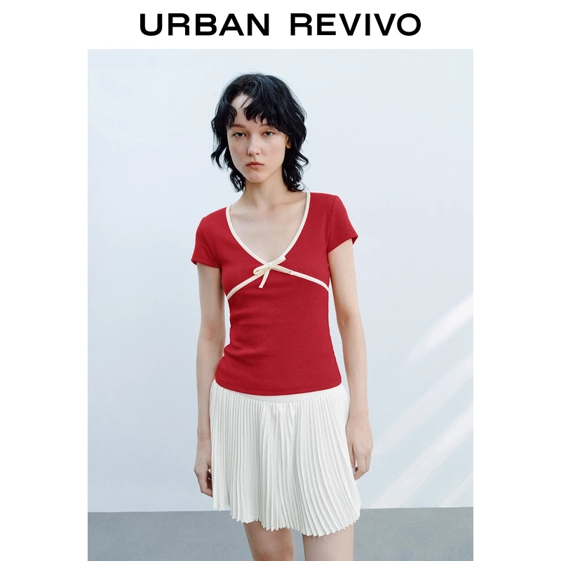 UR2025秋季新款女装休闲撞色蝴蝶结V领短款修身T恤UYL450211