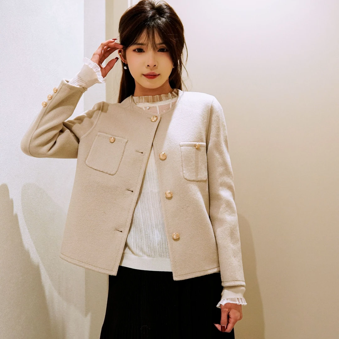 伊美秀7106春秋气质时尚小香风双面呢羊毛外套女短款法式小个子