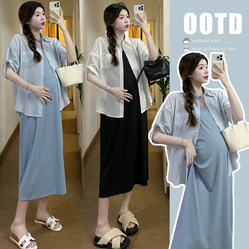 孕妇夏款连衣裙韩版遮肚吊带裙薄款两件套百搭防晒衬衣度假风套装